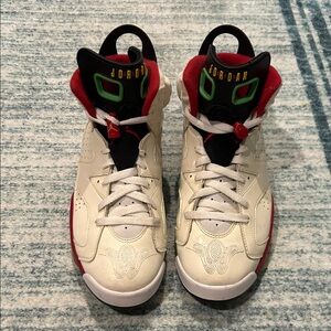 Jordan Off-White/Red/Black Retro High-Top Sneakers with Green Accents